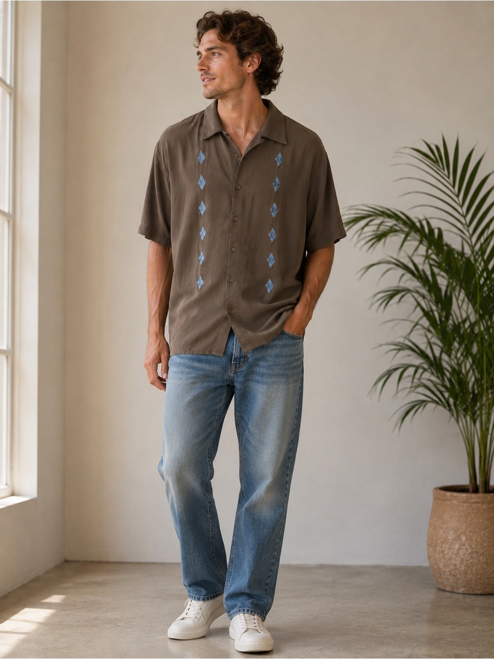 Vintage Silk XXL Brown 100% Silk Embroidered Short Sleeve Camp Shirt Geometric